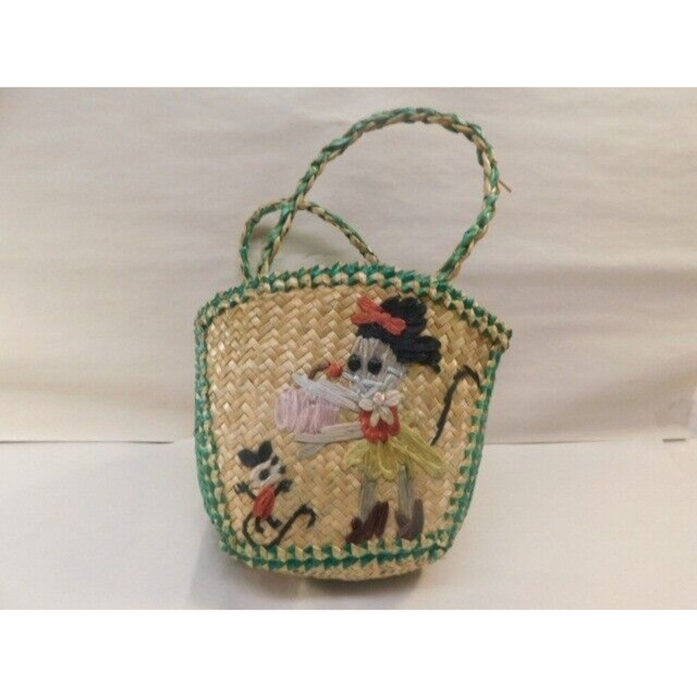 Vintage Woven Straw Easter Animal Handbag Basket Plastic Lined MOUSE